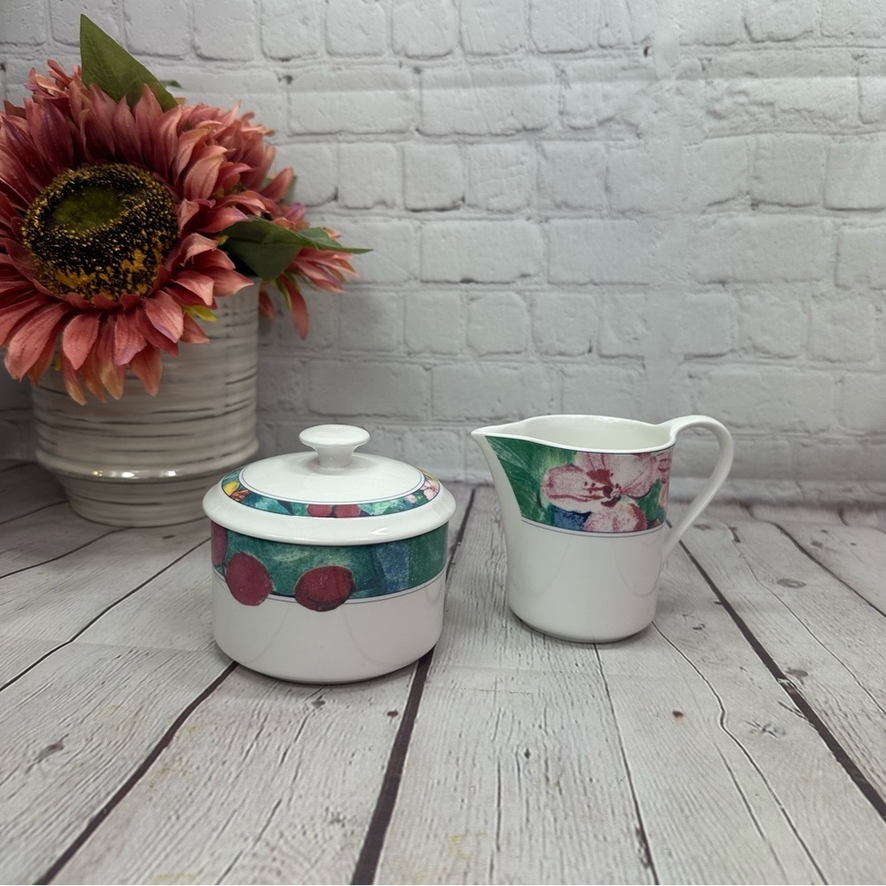 vintage 90s Sugar Bowl w/ Lid and creamer set Exotic Garden by Mikasa